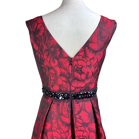Eliza J Black Embellished Waist Red Floral Brocade Fit & Flare Cocktail Dress - Picture 8 of 12